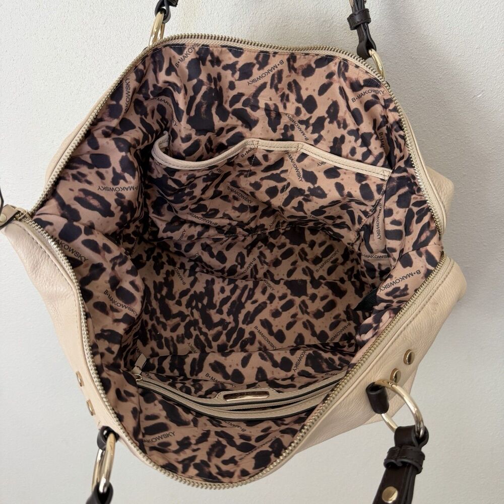 B. Makowsky Cream Beige Leather Shoulder Bag Satchel Braided Handles Boho Purse - Picture 7 of 16